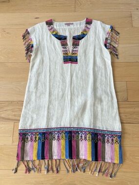 Calypso St Barth White Linen Dress with Multicolor Embroidered Trim. Size L